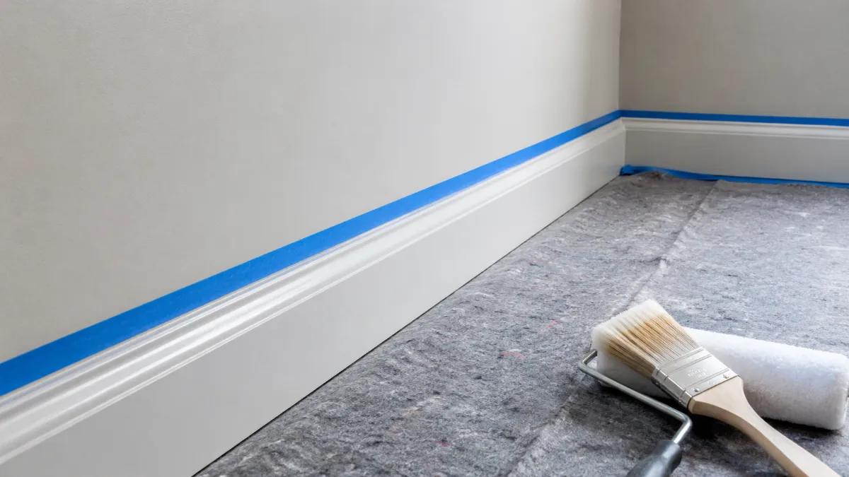 Malerbetrieb Duisburg: abgeklebt vorbereitete Wand und Sockelleiste für sauberen Innenanstrich