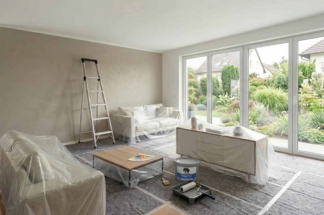 Vorbereiteter Wohnraum für hochwertige Innenarbeiten mit Leiter, Farbmaterial und geschützten Möbeln