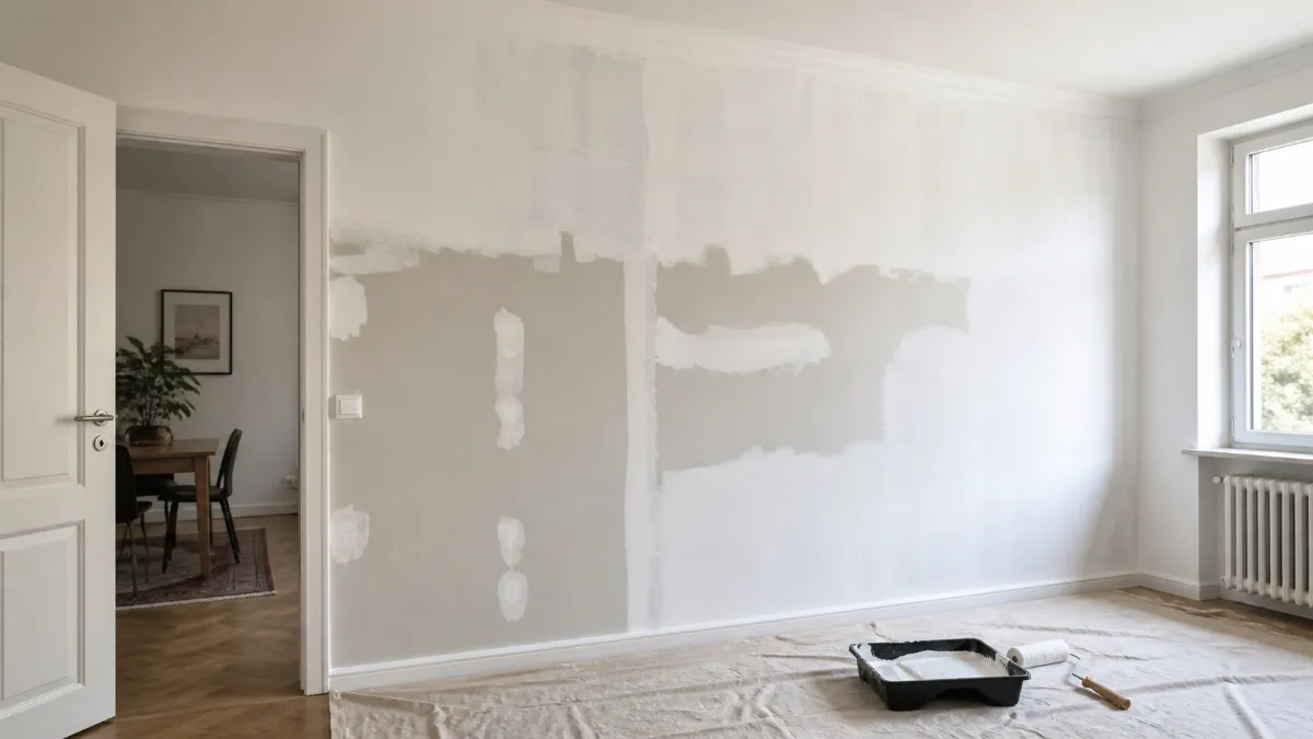 Vorbereitete Wand mit grundierten Teilflächen vor dem finalen Innenanstrich