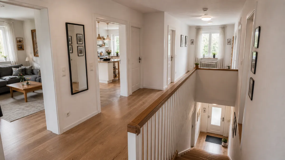 Heller Hausflur mit offenem Treppenhaus und mehreren angrenzenden Räumen als Beispiel für ein mehrgeschossiges Wohnprojekt mit 150 Quadratmetern