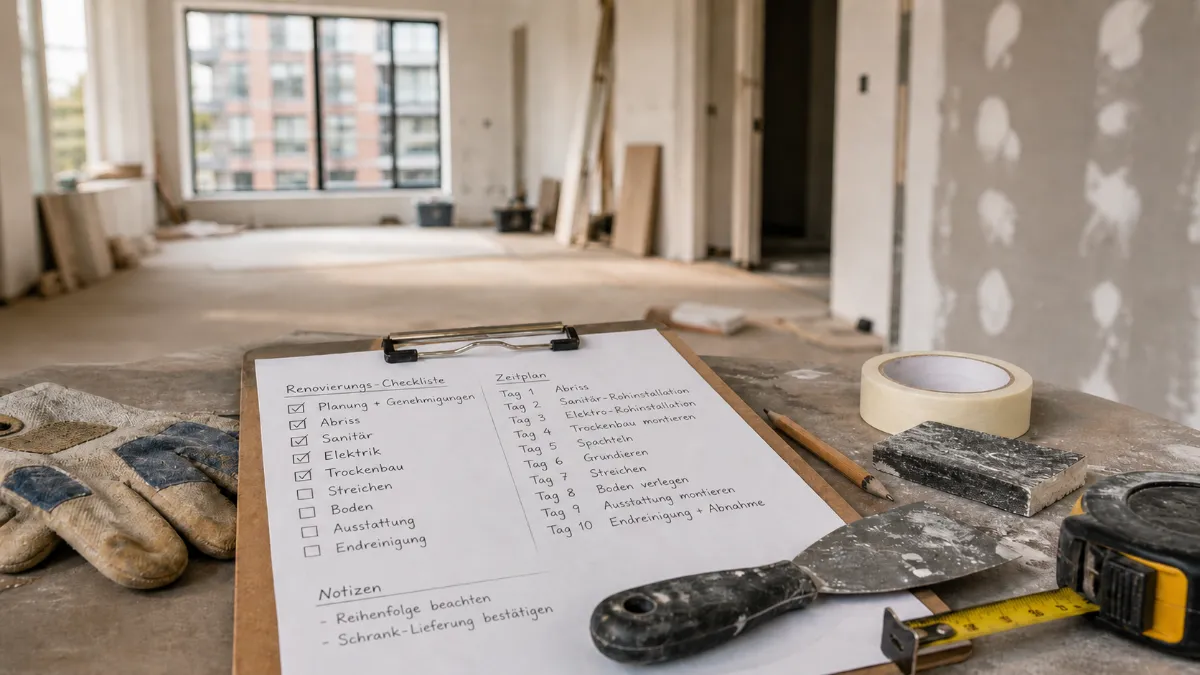 Renovierungscheckliste mit Werkzeug und Zeitplan in einer unfertigen Wohnung als Bild für den Aufwand pro Stunde bei Malerarbeiten