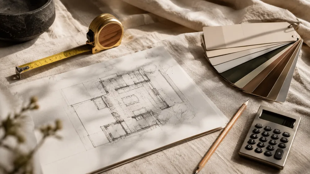 Planungstisch mit Farbfächern, Maßband, Farbrolle und Kostenrechner für einen Wohnungsanstrich