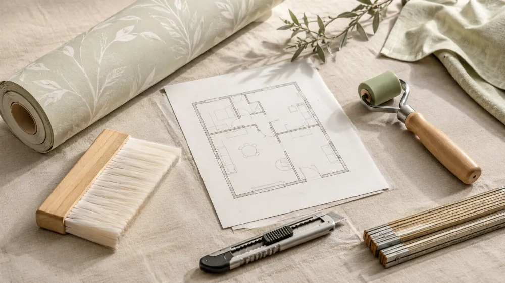Planung von Tapezierarbeiten mit Tapetenrolle, Grundriss, Tapezierwerkzeug und Maßstab