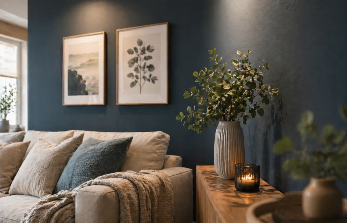 Warme Akzentwand im Wohnzimmer mit wohnlicher, klar definierter Sofazone