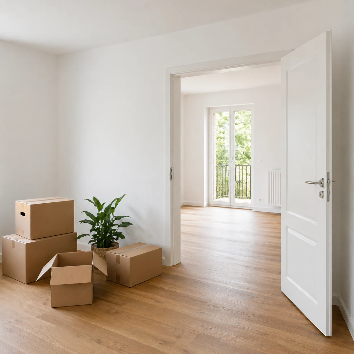 Leere Wohnung mit vorbereiteten Wandflächen und hellem Boden kurz vor Einzug oder Auszug