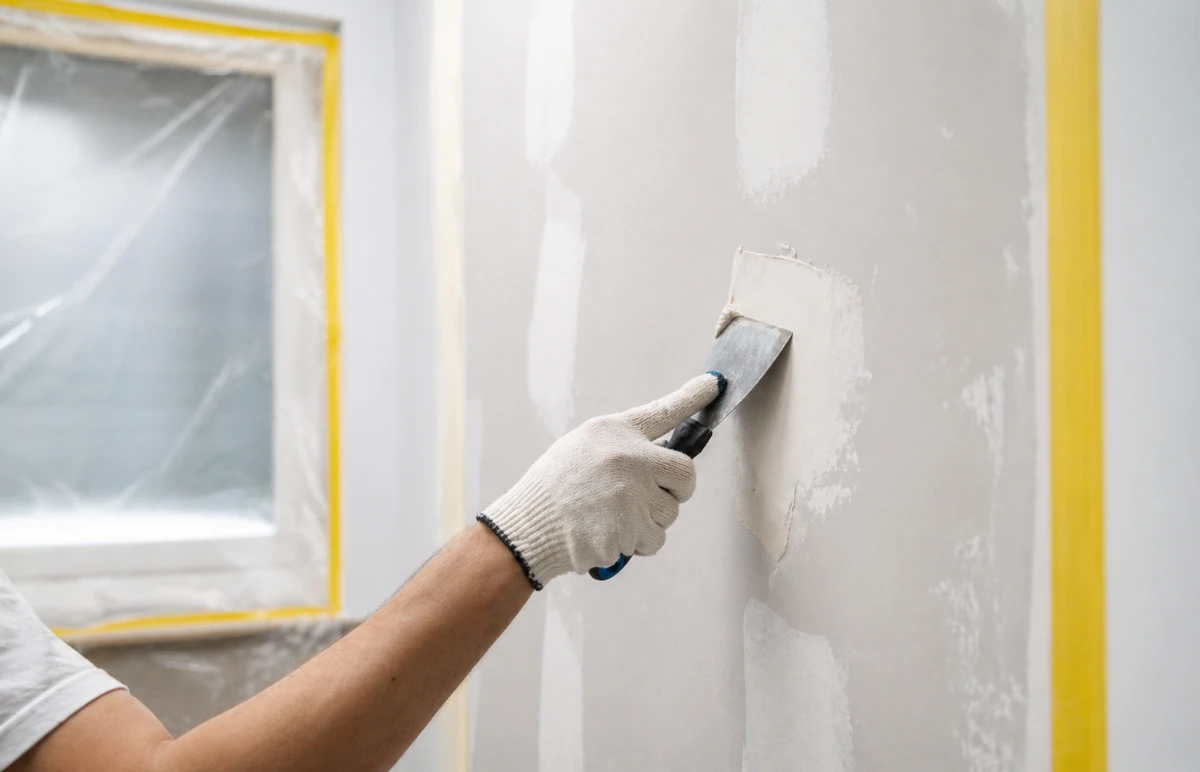 Spachtelarbeiten an einer Wand als Vorbereitung für einen neuen Anstrich