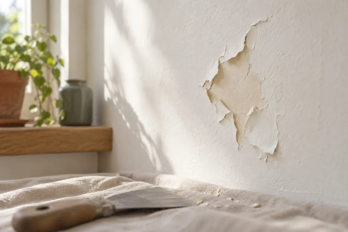 Lose Farbschicht an einer Innenwand mit Spachtel und Malerwerkzeug